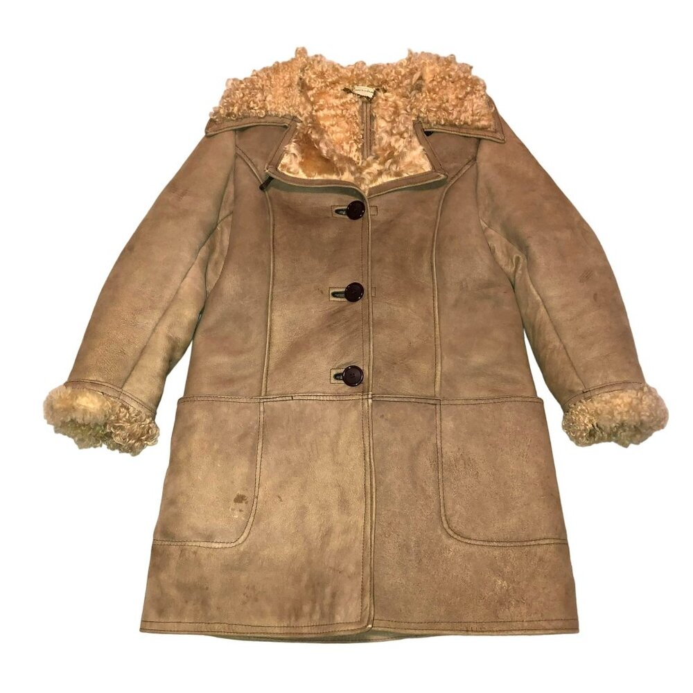 Vtg Shearling Suede Coat Sz 10R Tan Pure Wool Lining Antarex Scotland Womens